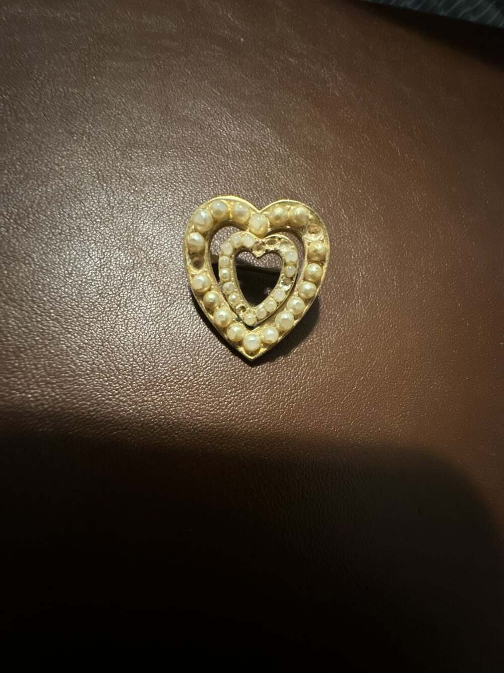 Vintage Gold Tone Faux Pearl Double Heart Brooch